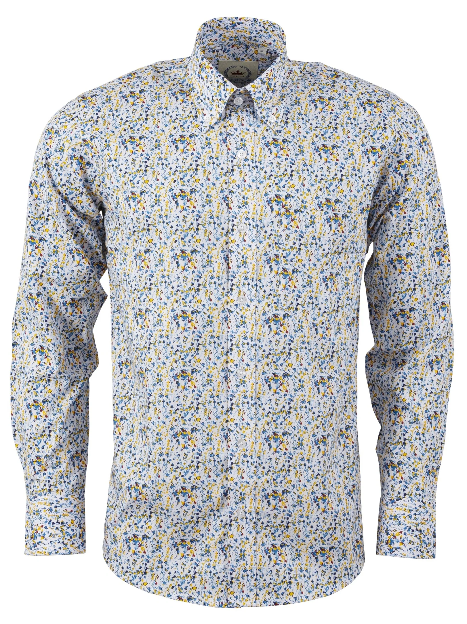 Relco Yellow/Blue Floral Long Sleeved Retro Mod Button Down Shirt - immagine 2