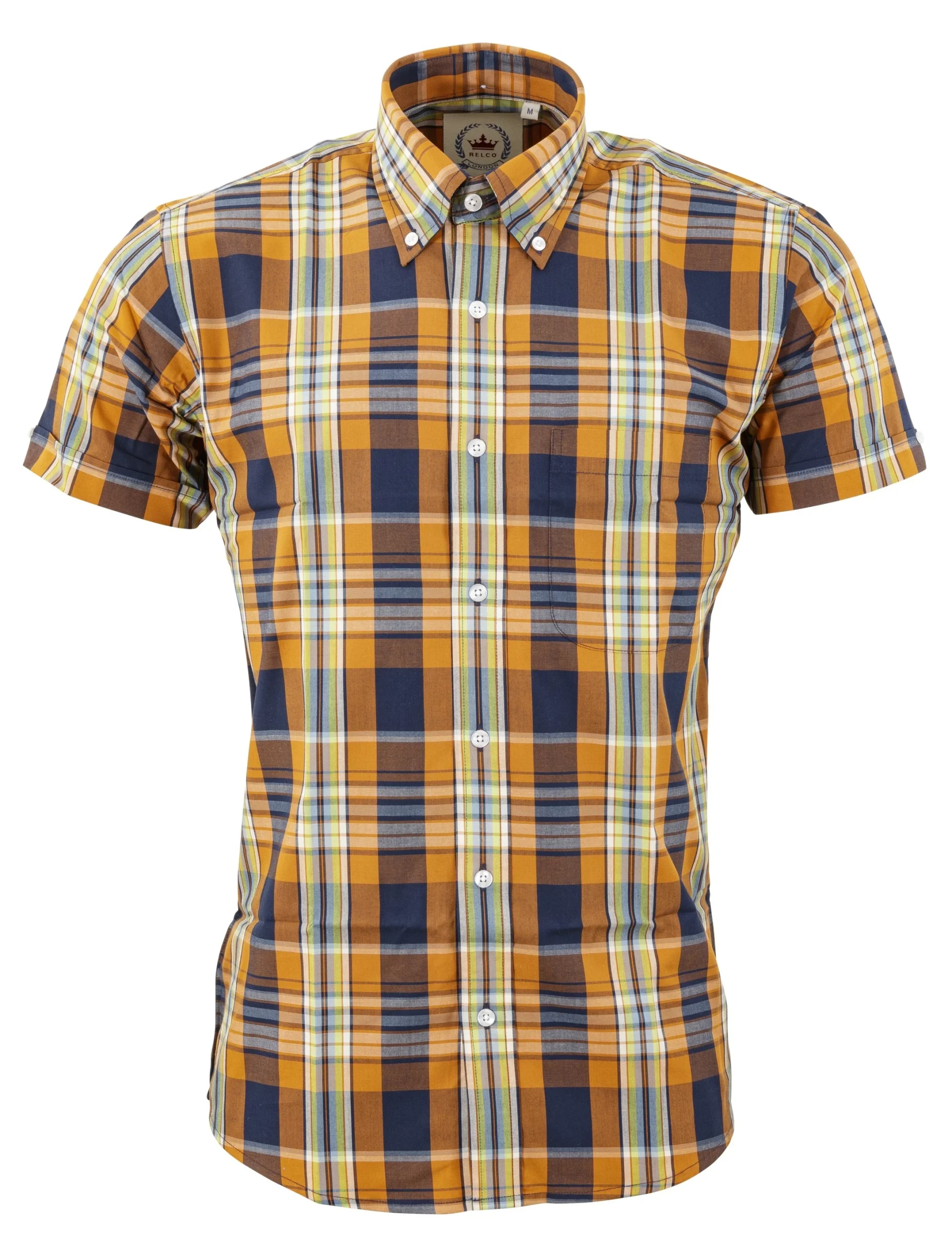 Relco Mens Orange Check Short Sleeved Vintage/Retro Button Down Shirts - immagine 2