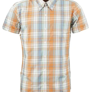 Relco Mens Orange/Sky Check Short Sleeved Vintage/Retro Button Down Shirts