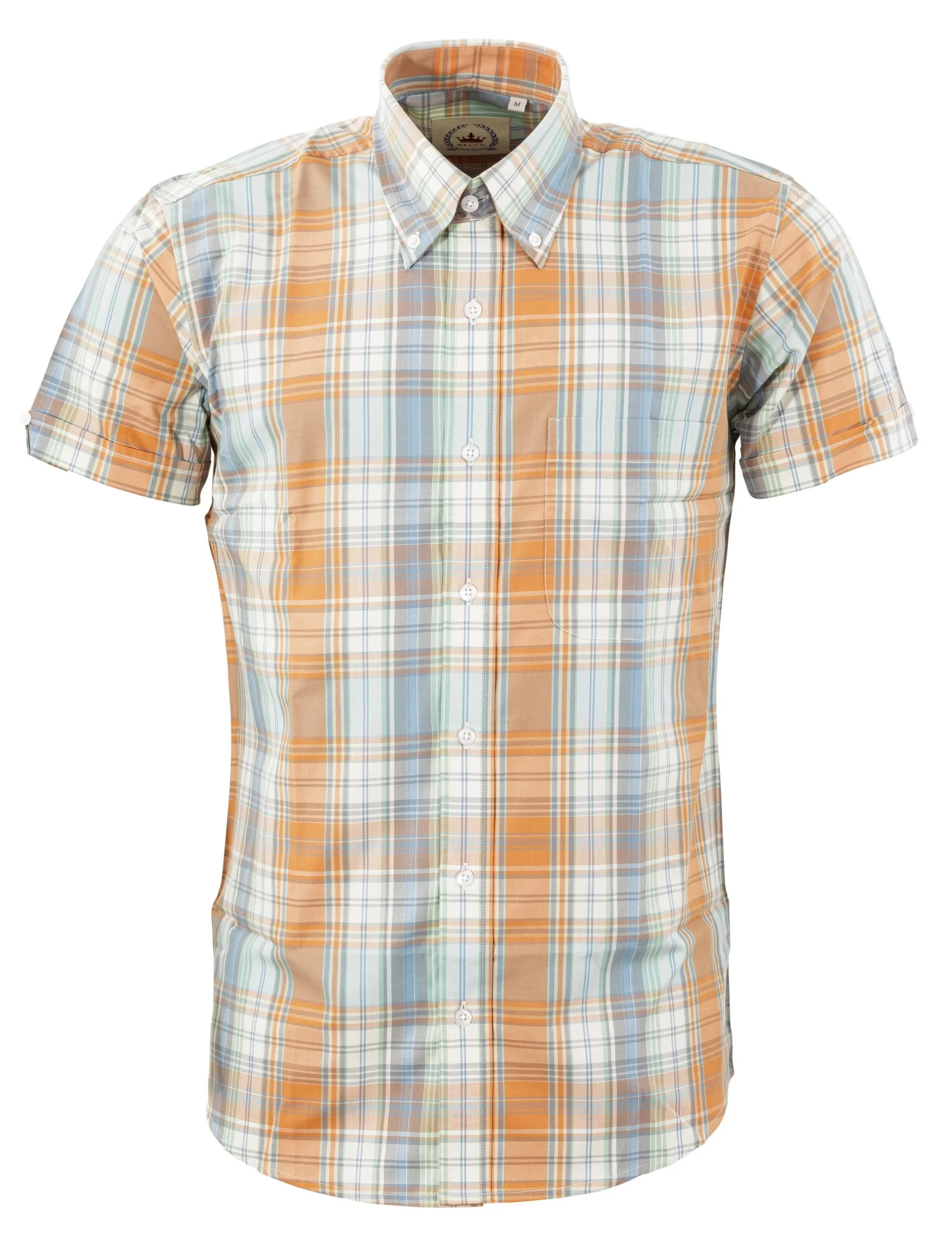 Relco Mens Orange/Sky Check Short Sleeved Vintage/Retro Button Down Shirts