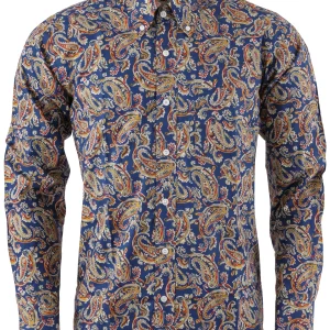 Relco Mens Navy Blue Paisley Long Sleeved Retro Mod Button Down Shirt