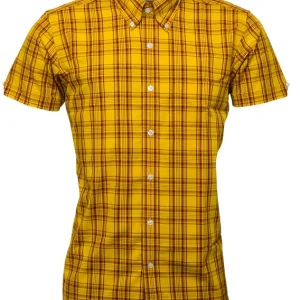 Relco Mens  Mustard & Burgundy Checked Short Sleeved Button Down Shirts