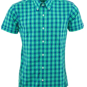 Relco Mens Green Checked Short Sleeved Button Down Shirts