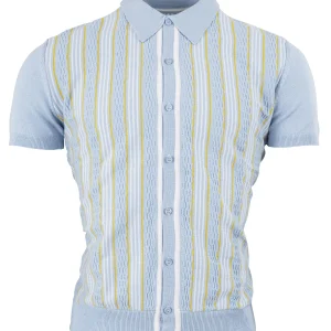 Relco Mens Sky Blue Retro Textured Striped Knitted Polo Cardigan