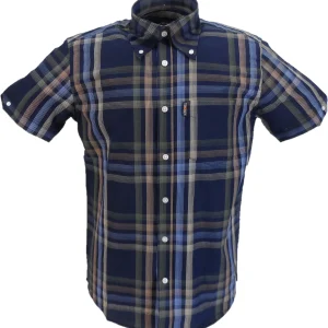 Trojan Mens Navy Check 100% Cotton Short Sleeved Shirts and Pocket Square