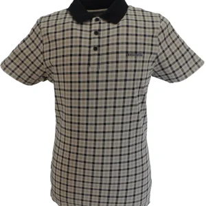 Lambretta Mens Stone/Brown Gingham Tipped Polo Shirts