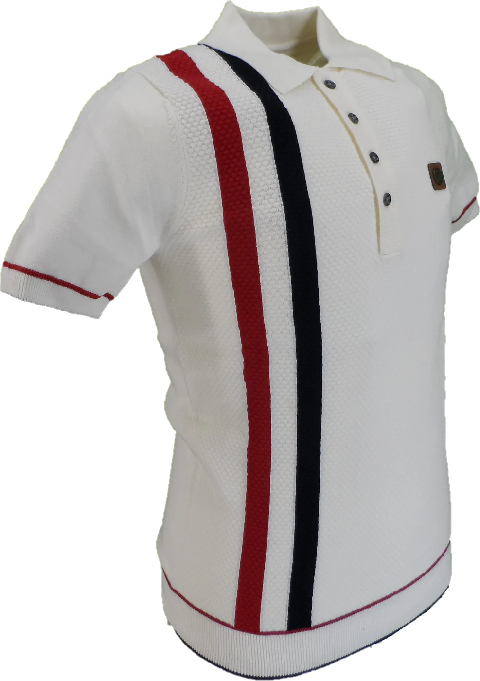 Trojan Mens Ecru Textured Racing Stripe Knitted Polo Shirt - immagine 3