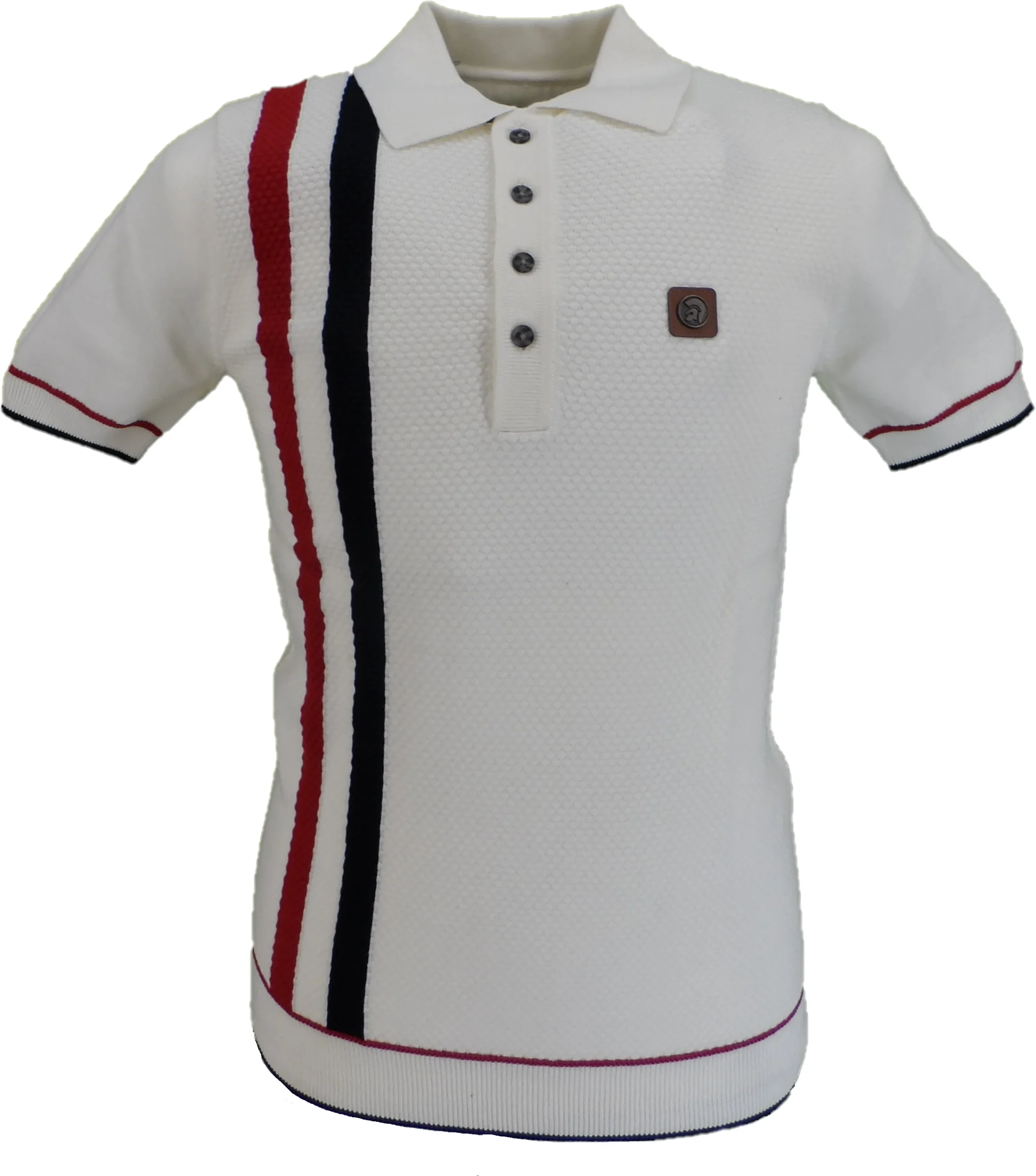 Trojan Mens Ecru Textured Racing Stripe Knitted Polo Shirt