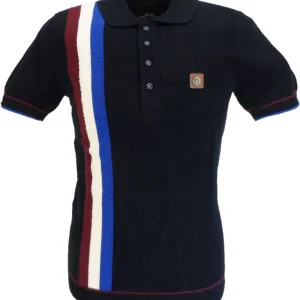 Trojan Mens Navy Textured Racing Stripe Knitted Polo Shirt