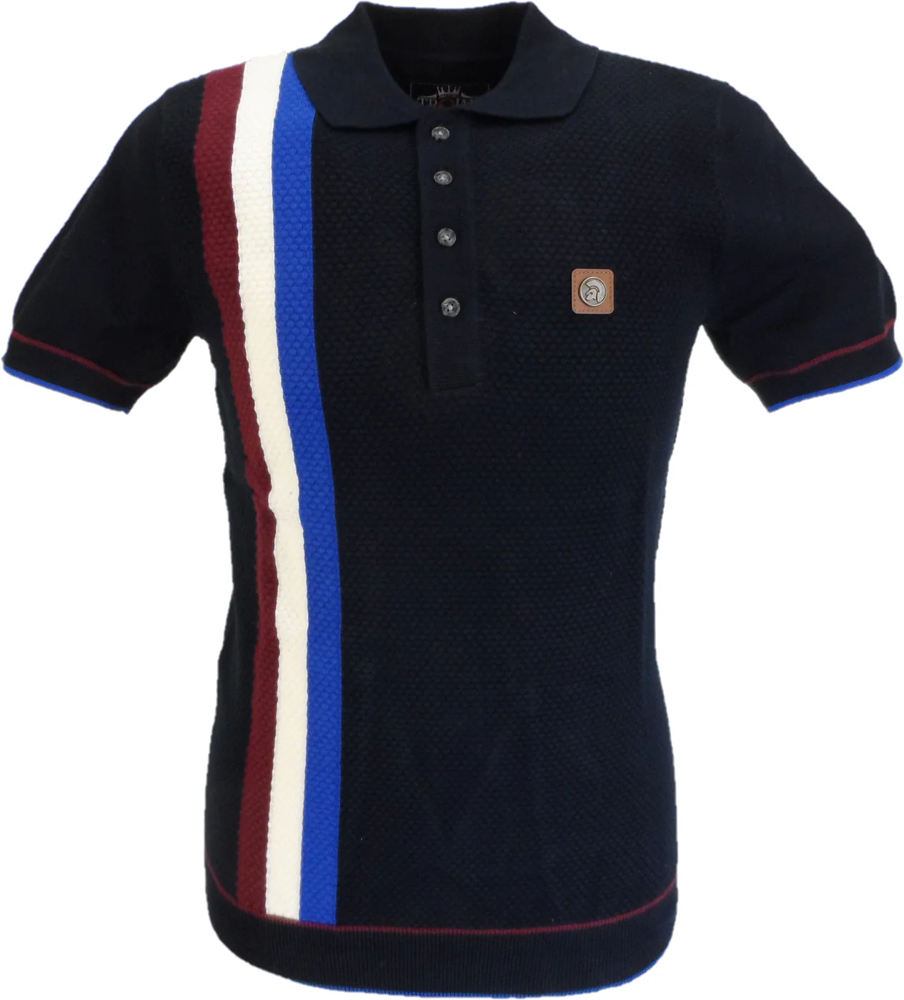 Trojan Mens Navy Textured Racing Stripe Knitted Polo Shirt