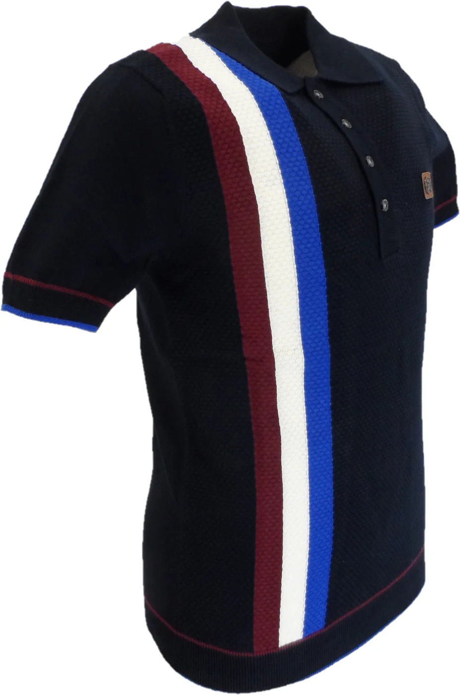 Trojan Mens Navy Textured Racing Stripe Knitted Polo Shirt - immagine 3