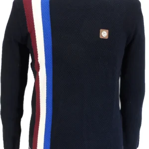 Trojan Mens Navy Blue Textured Racing Stripe Fine Gauge Turtle Neck