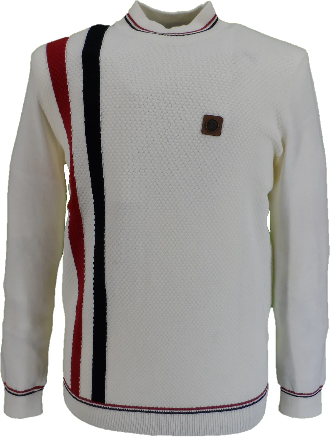 Trojan Mens Ecru Textured Racing Stripe Fine Gauge Turtle Neck