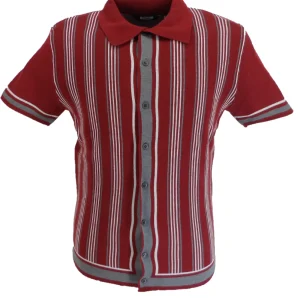 Relco Mens Burgundy Retro Striped Knitted Polo Cardigan