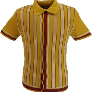Relco Mens Mustard Retro Striped Knitted Polo Cardigan