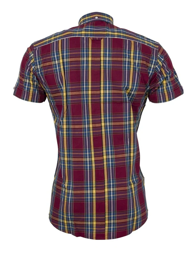 Relco Mens Burgundy/Yellow/Blue Multi Check Short Sleeved Button Down Shirts - immagine 3