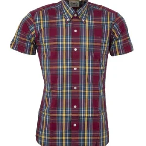Relco Mens Burgundy/Yellow/Blue Multi Check Short Sleeved Button Down Shirts