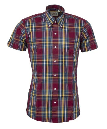 Relco Mens Burgundy/Yellow/Blue Multi Check Short Sleeved Button Down Shirts - immagine 2