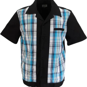 Mens Retro Blue Plaid Rockabilly Bowling Shirts