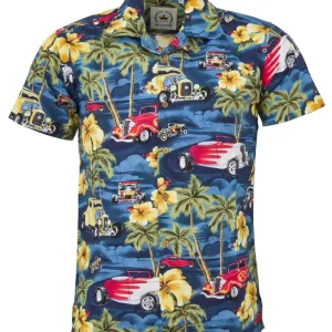 Relco Mens Retro Car Print Hawaiian Bowling Shirt