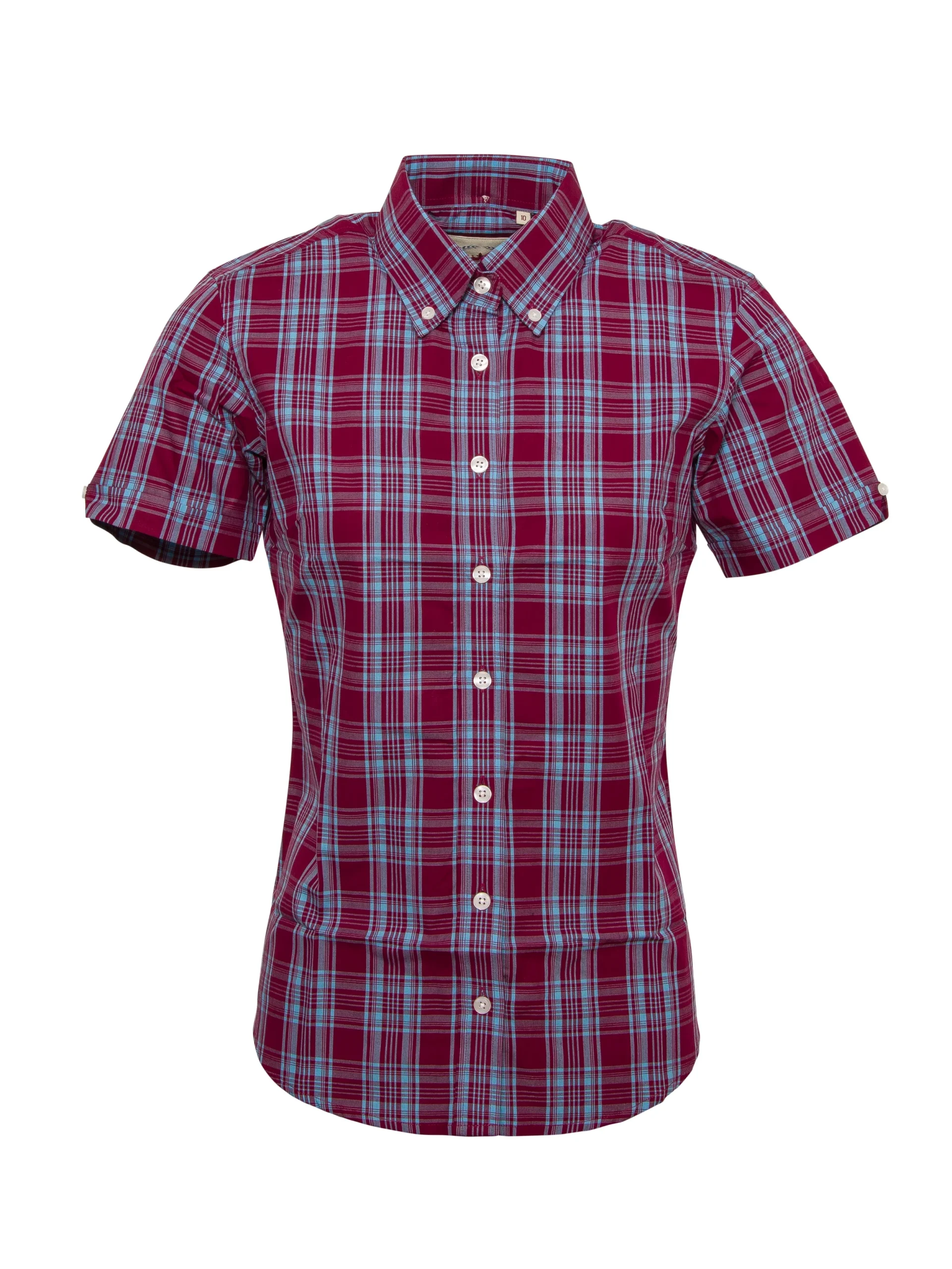 Relco Ladies Retro Burgundy/Sky Blue Check Button Down Short Sleeved Shirts