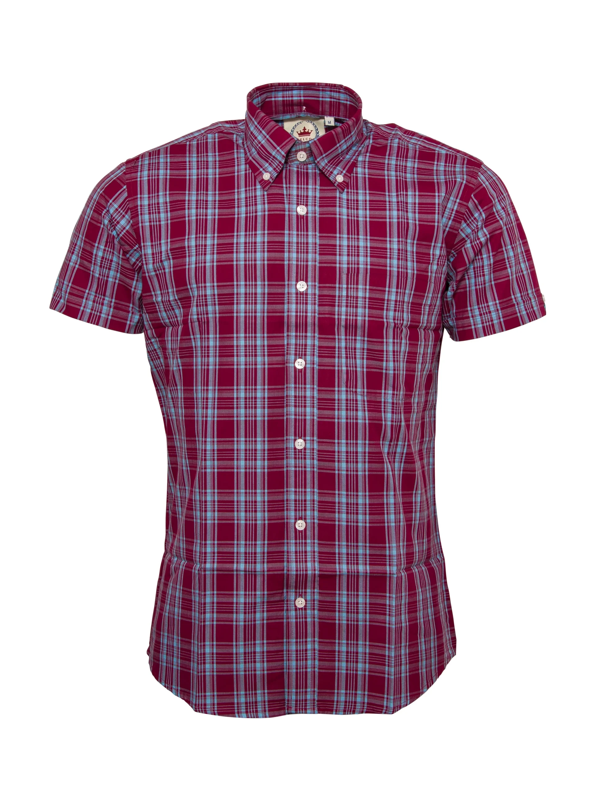 Relco Mens Burgundy/Sky Blue Multi Check Short Sleeved Button Down Shirts - immagine 2