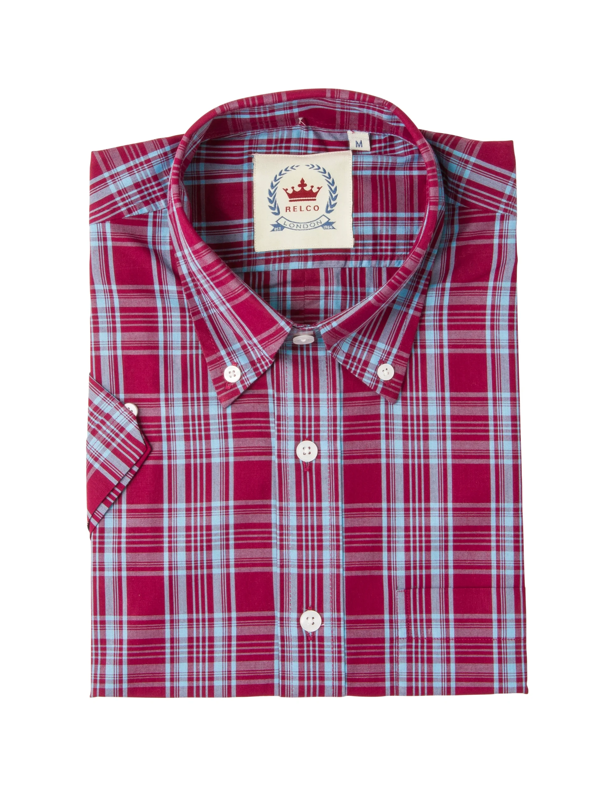 Relco Mens Burgundy/Sky Blue Multi Check Short Sleeved Button Down Shirts - immagine 4