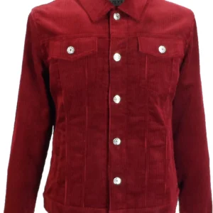 Mens 60s Retro Vintage Burgundy Cord Western Trucker Jacket