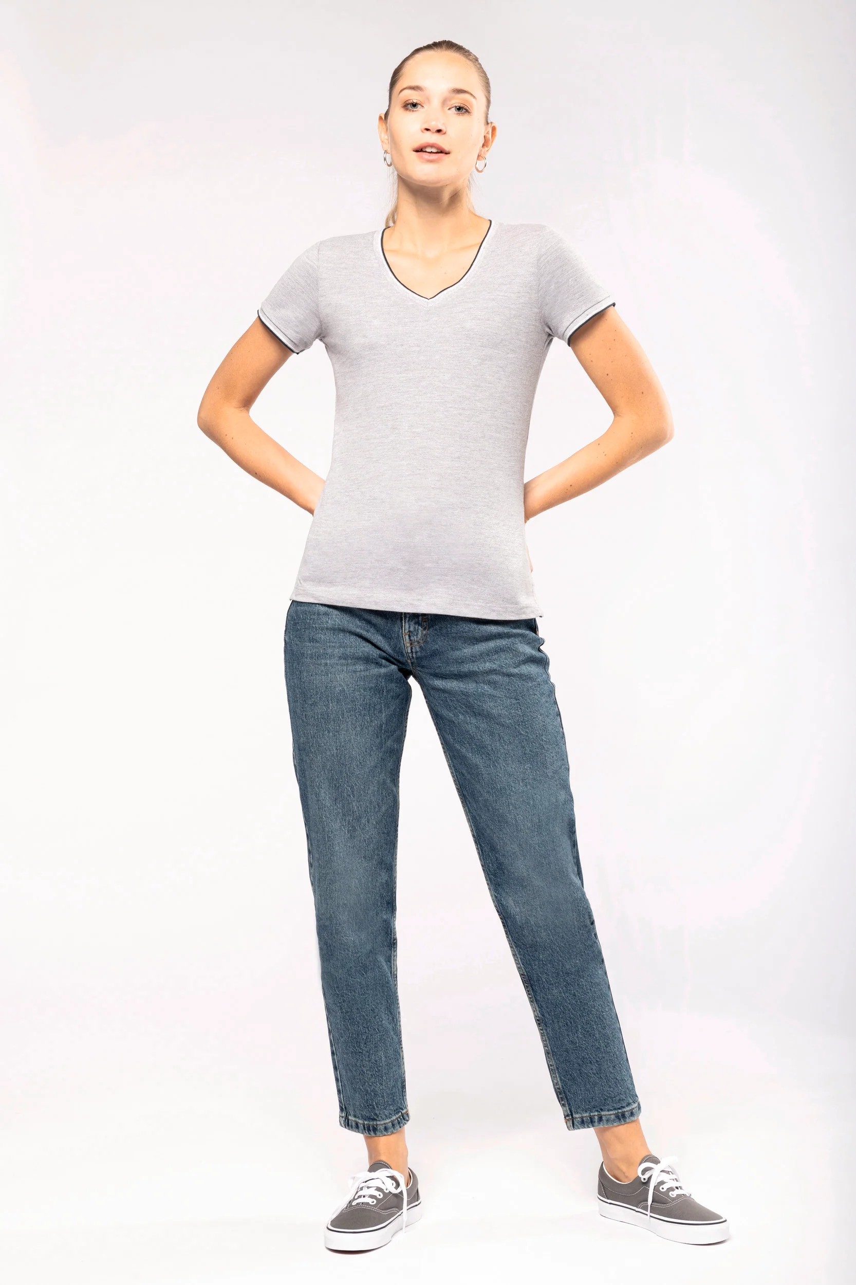 K394 - T-shirt piqué donna scollo a V - immagine 4