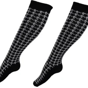 Ladies 2 Pair Pack of Black/White Dogtooth Knee High Socks
