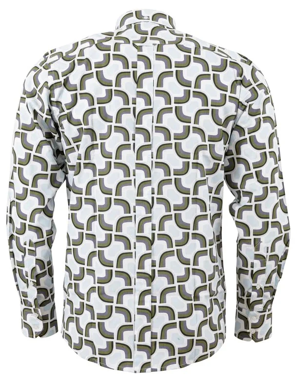 Relco Mens White/Blue/Grey Geometric Print Long Sleeved Shirt - immagine 3