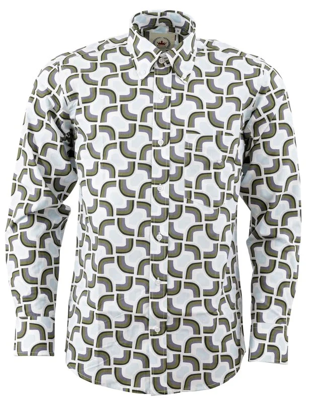 Relco Mens White/Blue/Grey Geometric Print Long Sleeved Shirt