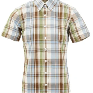 Relco Ladies Retro Sky,Green & Brown Check Button Down Short Sleeved Shirts