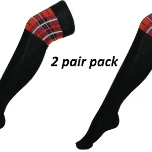 Ladies 2 Pair Pack of Back and Red Tartan Top Over the Knee Socks