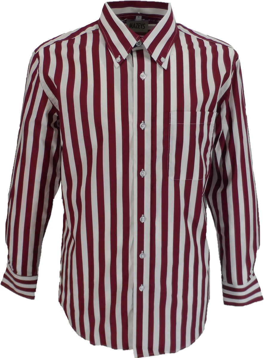 Mazeys Retro Mod Vintage Burgundy/White Stripe Button Down Shirts - immagine 2