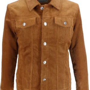Mens 60s Retro Vintage Tan Cord Western Trucker Jacket