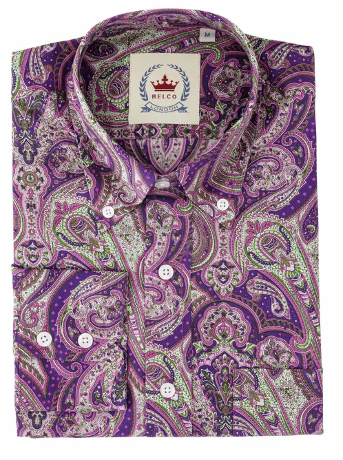 Relco Purple Paisley 100% Cotton Long Sleeved Button Down Shirts - immagine 4