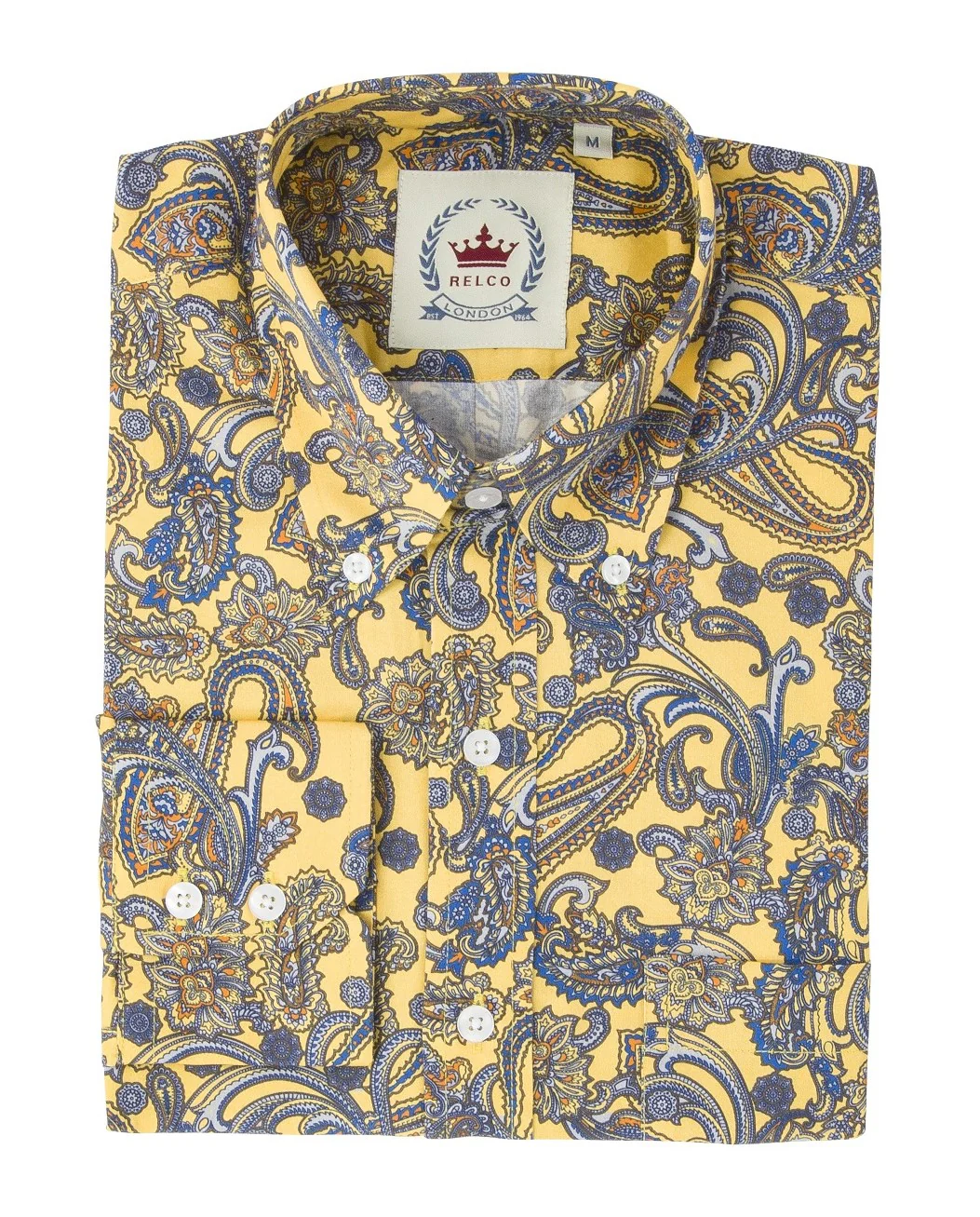 Relco Mustard Paisley 100% Cotton Long Sleeved Retro Mod Button Down Shirt - immagine 4