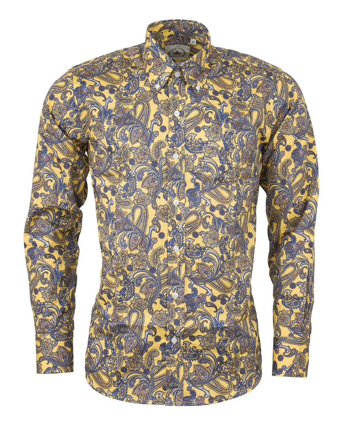 Relco Mustard Paisley 100% Cotton Long Sleeved Retro Mod Button Down Shirt - immagine 2