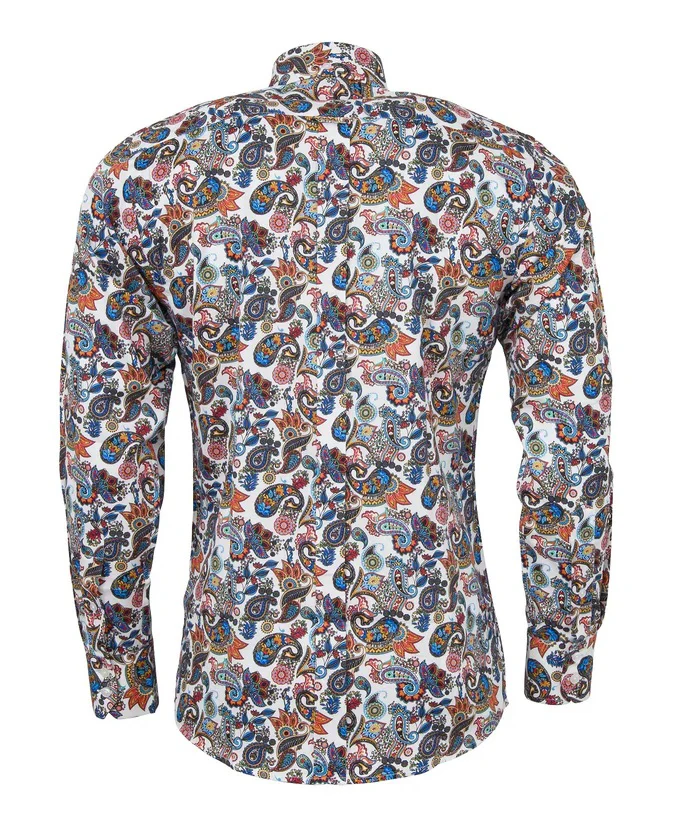 Relco White Colourful Multi Paisley Long Sleeved Retro Mod Button Down Shirt - immagine 3