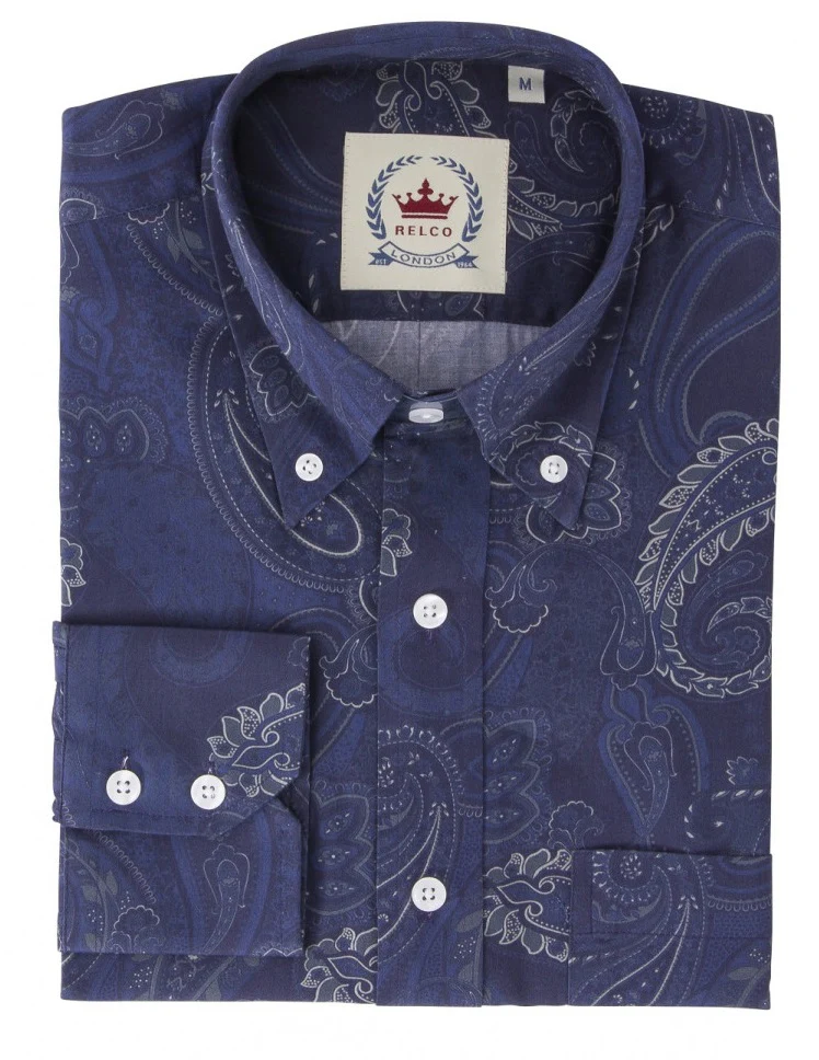 Relco Navy Blue Paisley 100% Cotton Long Sleeved Retro Mod Button Down Shirt - immagine 4