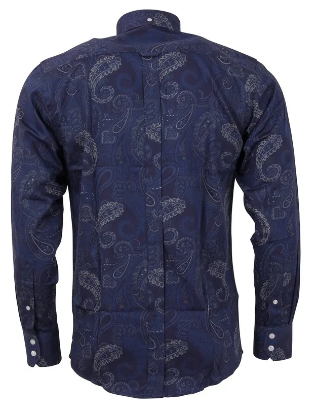 Relco Navy Blue Paisley 100% Cotton Long Sleeved Retro Mod Button Down Shirt - immagine 3