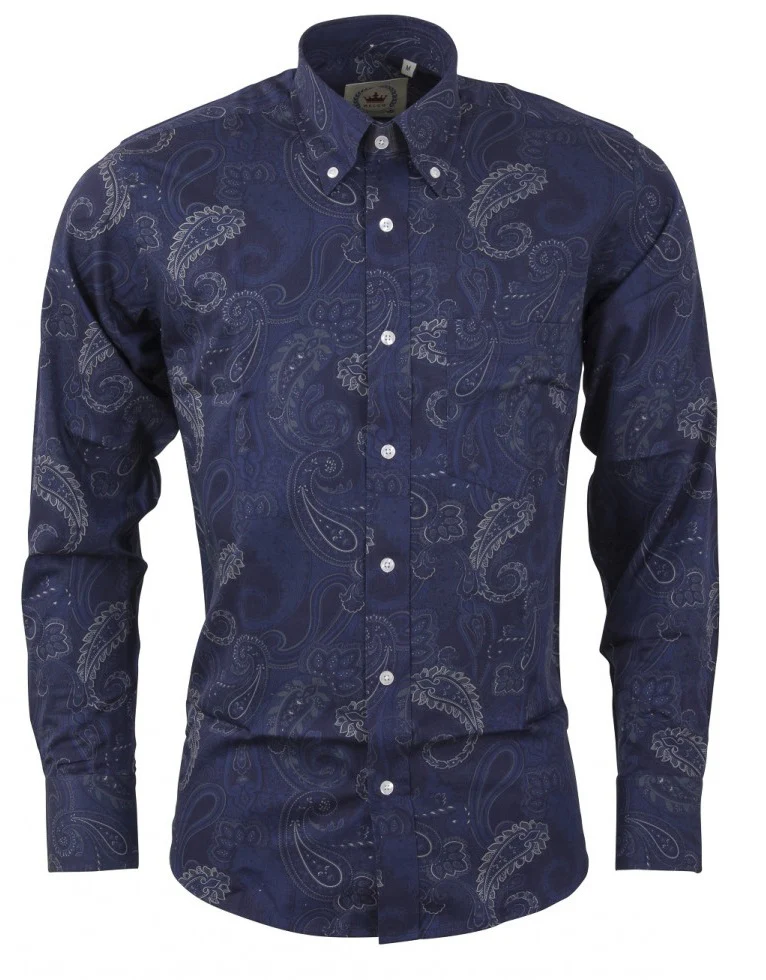 Relco Navy Blue Paisley 100% Cotton Long Sleeved Retro Mod Button Down Shirt - immagine 2