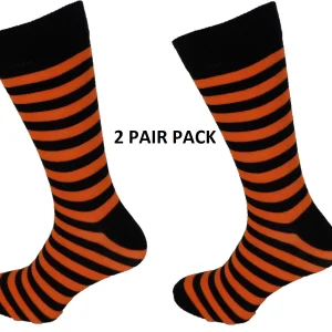 Mens 2 Pair Pack Orange and Black Striped Retro Socks