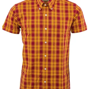 Relco Mens Burgundy & Mustard Checked Short Sleeved Button Down Shirts