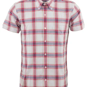 Relco Mens White and Red Checked Short Sleeved Button Down Shirts