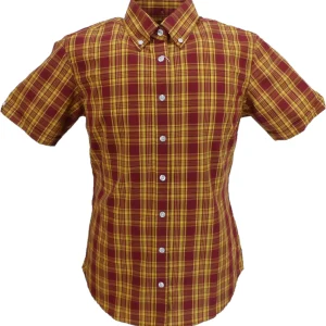 Relco Ladies Retro Burgundy & Mustard Check Button Down Short Sleeved Shirts