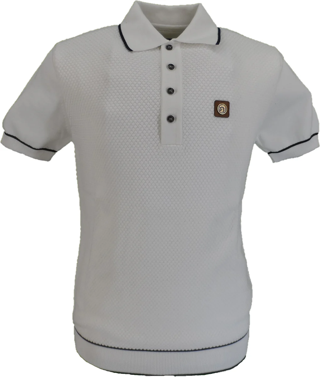 Trojan Records Mens Ecru Textured Knitted Polo Shirt - immagine 2