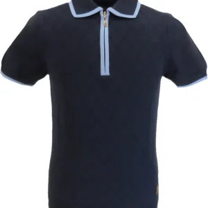 Trojan Records Mens Navy Blue Diamond Zipped Knitted Polo Shirt