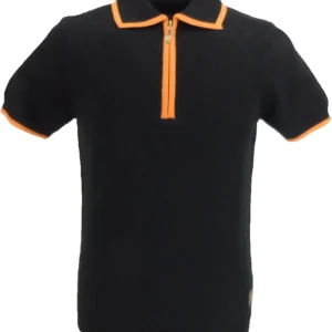 Trojan Records Mens Black Diamond Zipped Knitted Polo Shirt